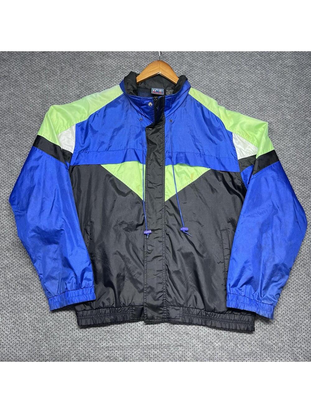 Vintage 90s Retro Style Windbreaker Rain Jacket XL Black Ice Tag Men’s Blue Hood